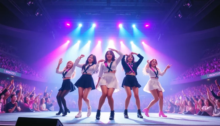 BLACKPINK news highlights energetic live performance by K-pop group in vibrant stadium.