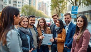 Rijbewijs kopen scene with diverse individuals discussing driving licenses in an urban setting.