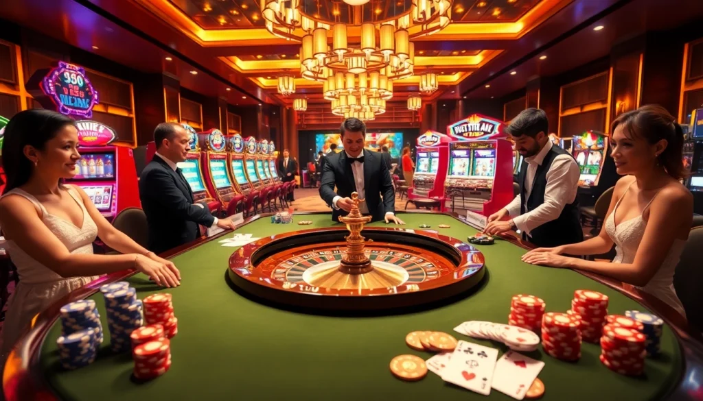 RR88 casino scene showcasing vibrant roulette table and engaged players in a professional gambling environment.