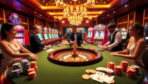 RR88 casino scene showcasing vibrant roulette table and engaged players in a professional gambling environment.