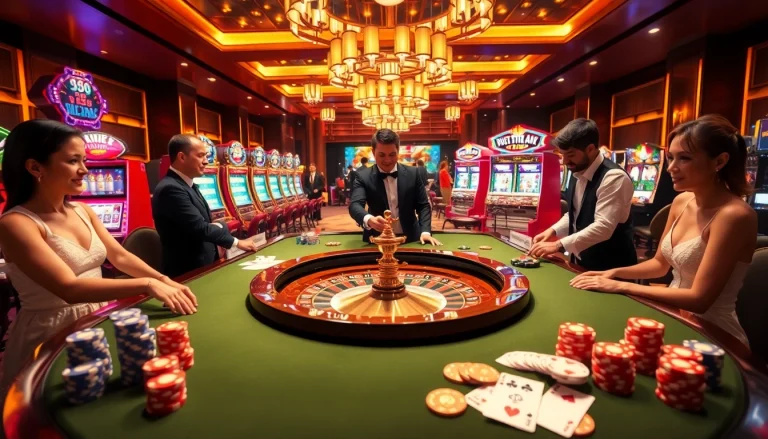 RR88 casino scene showcasing vibrant roulette table and engaged players in a professional gambling environment.