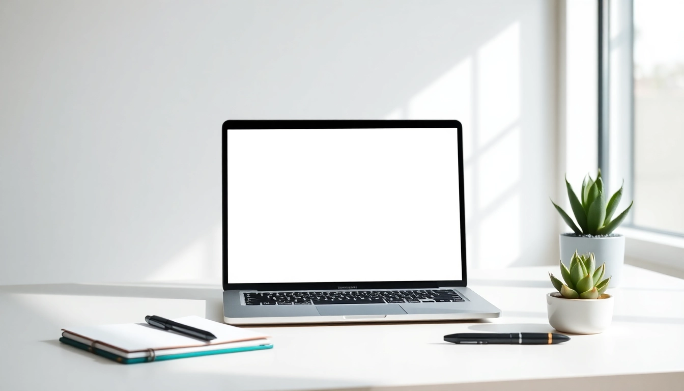 White background website displayed on a modern laptop in a clean workspace.