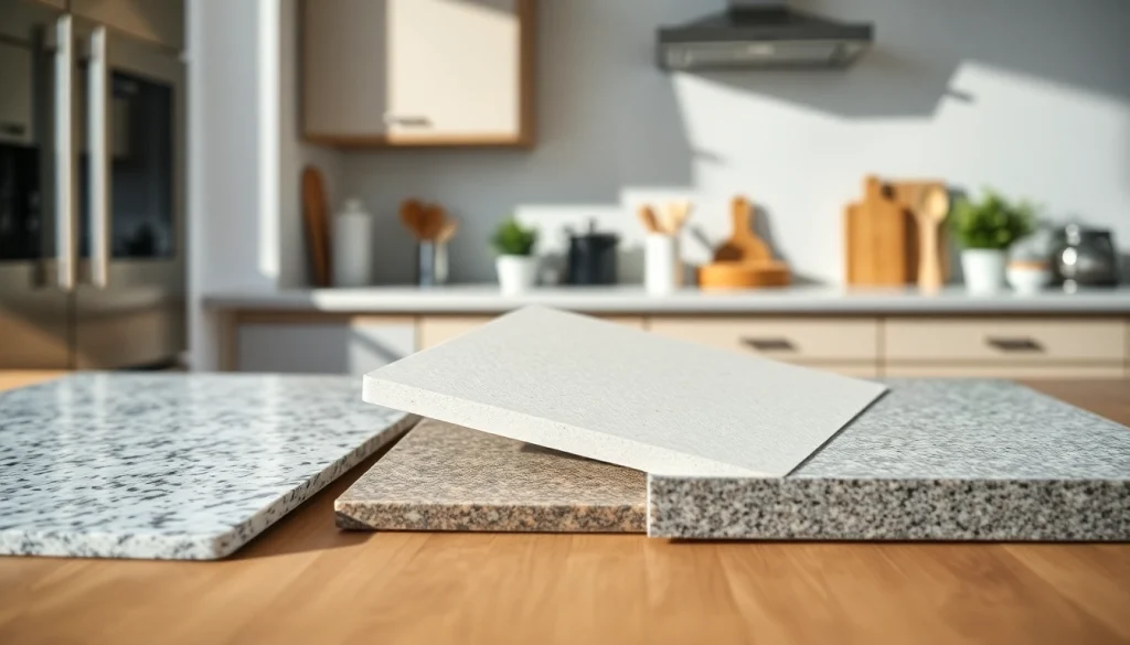 Kitchen Worktop Materials Comparison showcasing various materials like granite and quartz on a wooden table.