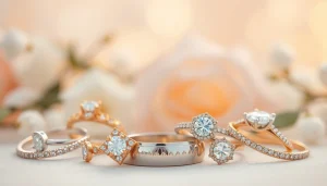 美しく展示された結婚指輪のコレクション（結婚指輪）、繊細なデザインと輝くダイヤモンドを披露。