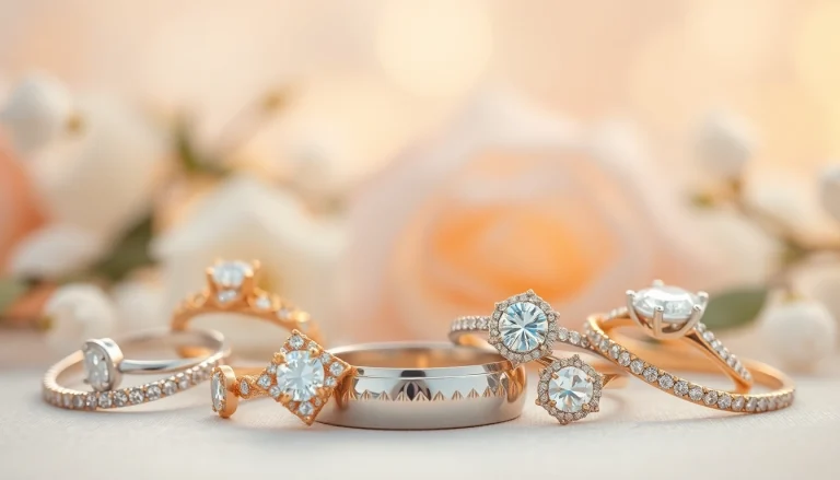 美しく展示された結婚指輪のコレクション（結婚指輪）、繊細なデザインと輝くダイヤモンドを披露。