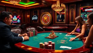 Players winning at go99 poker table in an elegant casino setting.