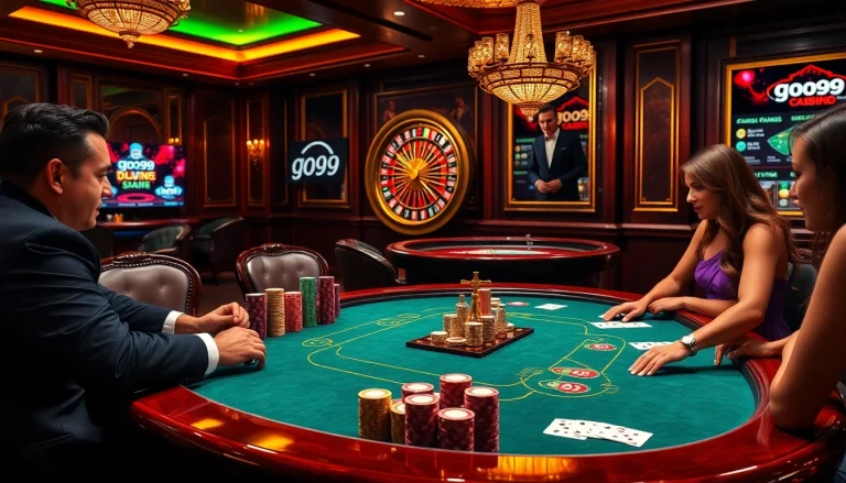 Players winning at go99 poker table in an elegant casino setting.