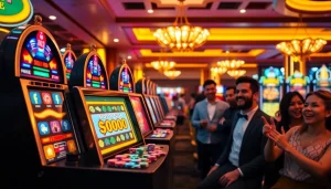 Exciting moment at a slot machine showcasing slot deposit pulsa jackpot win with vibrant atmosphere.
