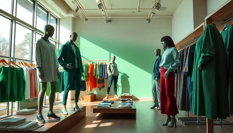 BOTOL169 clothing display featuring vibrant green hues in a modern fashion store.
