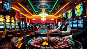 Engaging scene showcasing nohu90 đăng nhập with vibrant casino tables and slot machines.