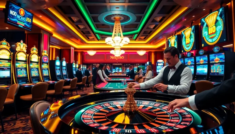 Engaging scene showcasing nohu90 đăng nhập with vibrant casino tables and slot machines.
