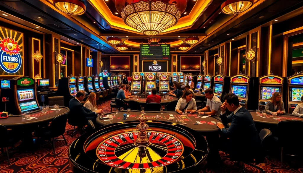 Experience the excitement of FLY88 with players actively engaging at a casino table.