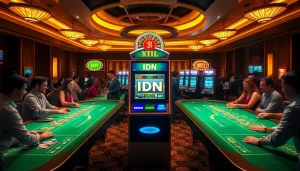 Excited players engaging with the IDN slot machine in a luxurious casino setting.