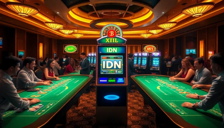 Excited players engaging with the IDN slot machine in a luxurious casino setting.