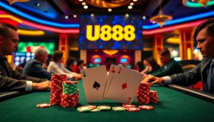 U888 poker table with vibrant chips and players engaged in high-stakes action.