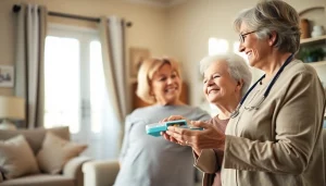 Providing compassionate austin senior home care with a caregiver assisting an elderly woman.