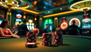 Experience an exhilarating U888 poker game with luxury chips and lively casino ambiance.