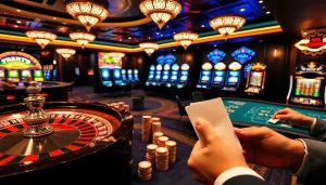 Experience the thrill of gambling at 789 P with a vibrant casino atmosphere featuring spinning roulette and poker tables.