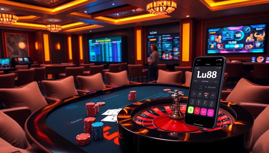 Engaged gamers playing at a luxurious Lu88 casino table with vibrant chips and cards.