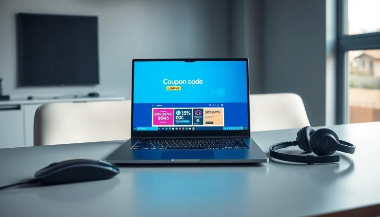 専門的な職場のモダンなノートパソコンの画面に表示されている Lenovo クーポン。