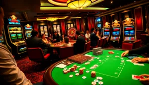 Excited players at a luxurious casino table showcasing the CM88 experience with vibrant poker chips and cards.