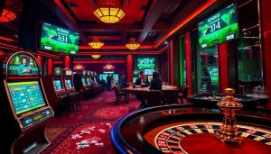 cập nhật kết quả bóng đá excitement with vibrant casino tables, sleek poker chips, and live scores displayed.