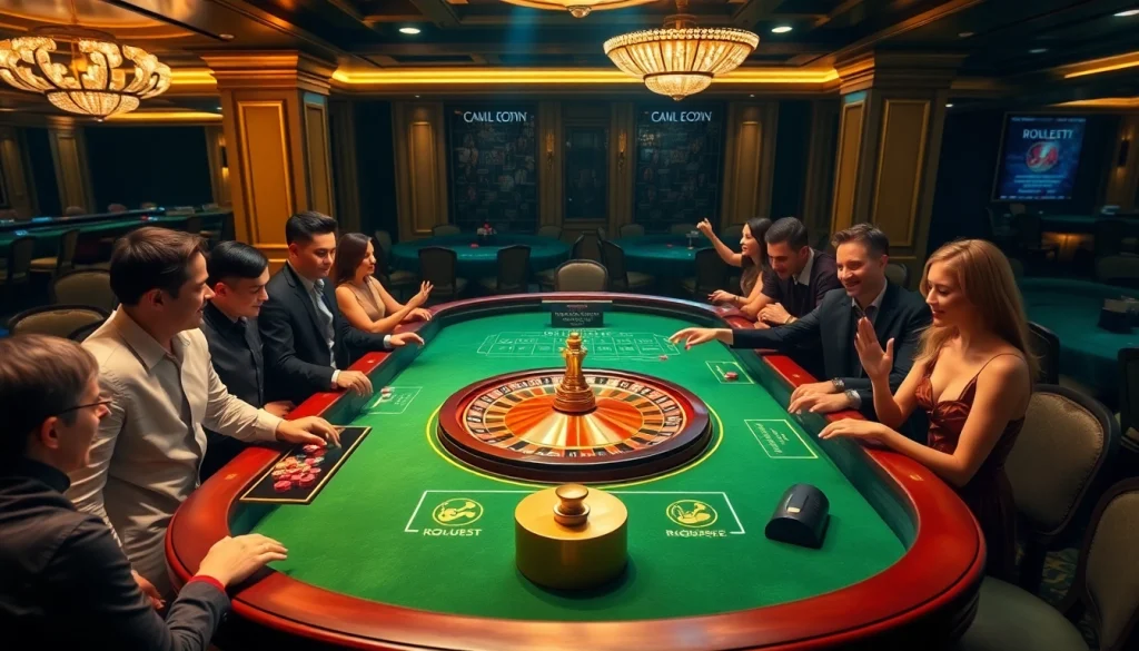 Experience the thrilling action of Roulette 6FF with players eagerly placing bets around a luxurious casino table.
