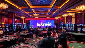 Engaged players enjoying a thrilling casino experience at Luckywin, featuring vibrant slot machines and poker tables.
