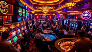 Experience thrilling moments at MB66 with players enjoying poker and slot machines.