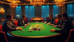 Engage in high-stakes poker at 7upbet's luxurious casino, highlighted by winning cards and vibrant chips.