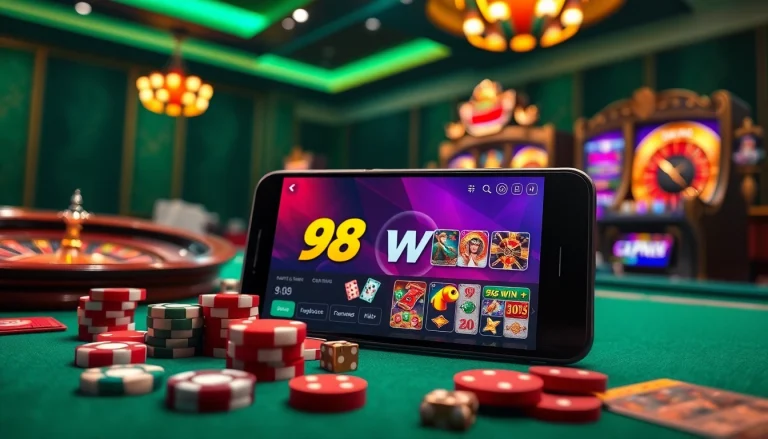 Experience thrilling gameplay with the 98win app showcased on a sleek smartphone amidst vibrant casino elements.