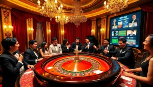 Players celebrating wins at the roulette table in a luxurious setting of https://789win.associates/ casino.