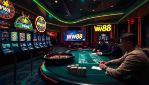 WW88 players enjoy a thrilling online gaming session with vibrant slot machines and a roulette wheel.