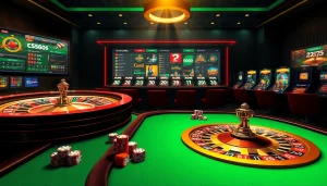 A vibrant online casino scene featuring Nhà cái Vuabai9 with casino tables, poker chips, and roulette wheels.
