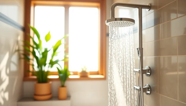 Enhance your bathroom's ambiance with a sunny shower showcasing modern fixtures and warm lighting.
