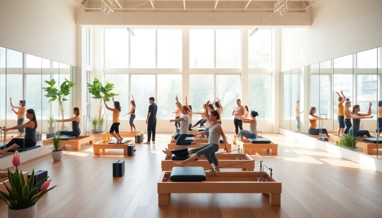 大阪の安価なピラティスクラス。明るく居心地の良いスタジオで、多様な参加者が参加している様子。