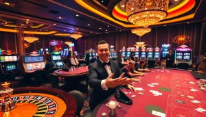 Experience the thrill at nhà cái fun79 with vibrant casino tables and professionals engaged in games.
