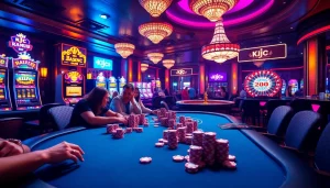 KJC casino scene with players at a poker table enjoying their luck and excitement.