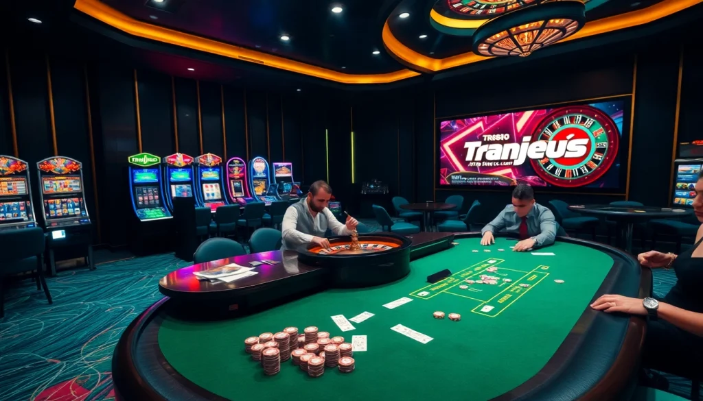 Experience thrilling gameplay at tr88vip.co.com with engaging poker scenes and vibrant casino elements.