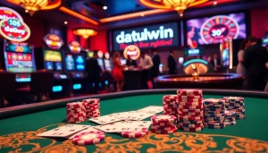 Rasakan sensasi pengalaman kasino mewah Datukwin dengan chip poker dan mesin slot yang berwarna-warni.