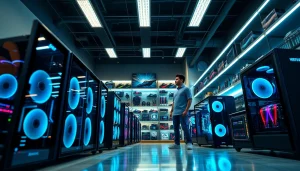 Präsentation von Gaming-Computern zum Verkauf, Fokus auf den Verkaufsprozess von Gaming-Computern.