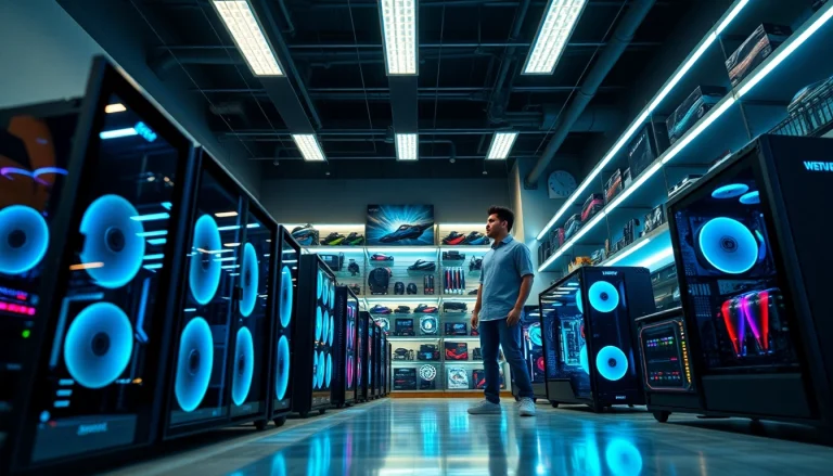 Präsentation von Gaming-Computern zum Verkauf, Fokus auf den Verkaufsprozess von Gaming-Computern.