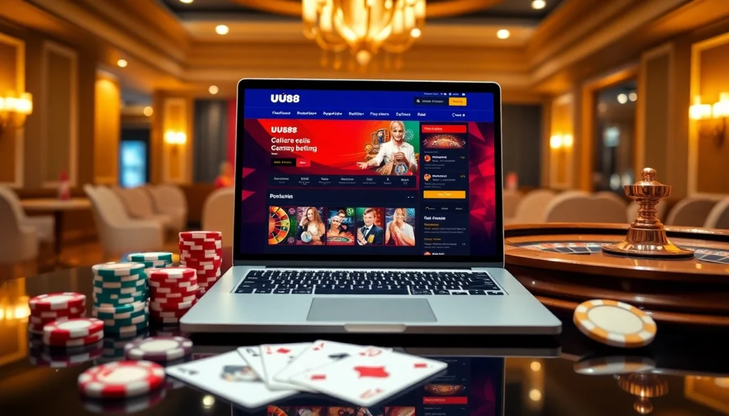 Engage with UU88's betting experience featuring poker chips and a roulette wheel.