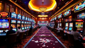 SLOT machines in an exciting casino environment showcasing players and vibrant graphics