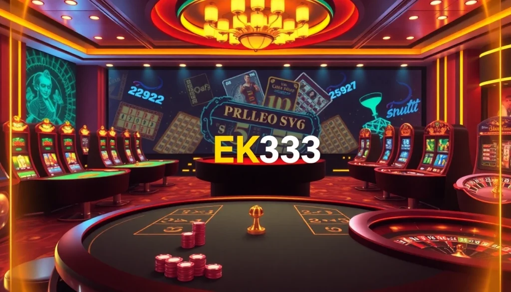 Experience thrilling gameplay at EK333, featuring dynamic casino tables and vibrant slot machines.