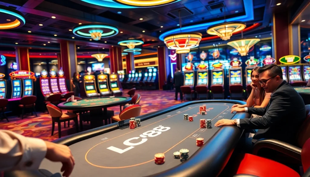 Players enjoying the thrill of an LC88 poker game at a vibrant casino table with colorful chips.