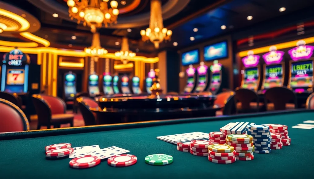 Exciting DEBET casino scene with vibrant poker chips and roulette wheel.