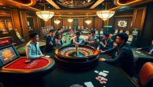 Pemain menikmati pengalaman kasino yang mendebarkan di datukwin, dikelilingi mesin slot yang seru dan aksi roulette.
