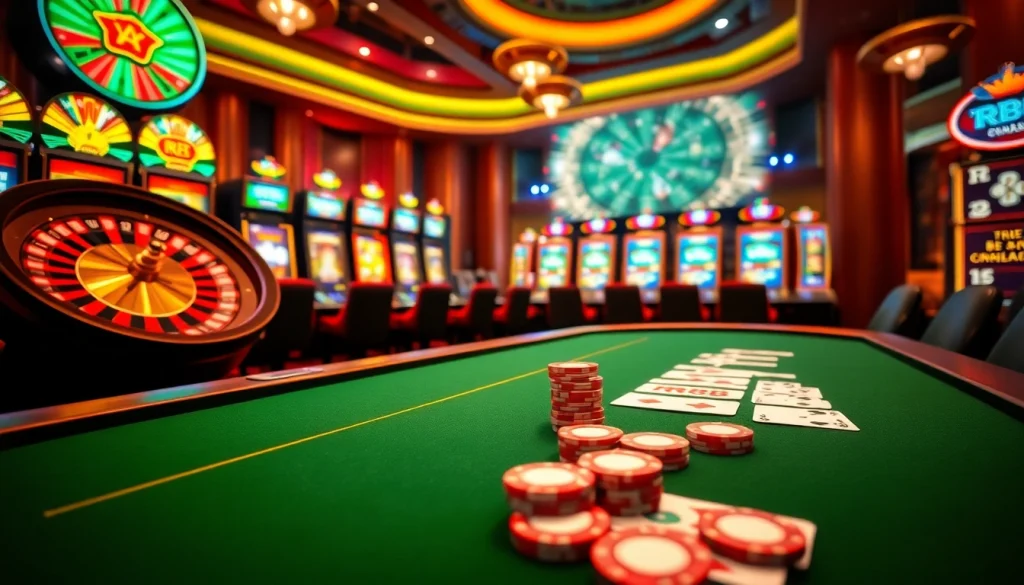 Experience the thrill of RR88 at a luxurious casino with stylish poker and slot machines.