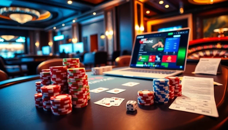 Join the excitement at rikvip with a luxurious poker setup featuring vibrant chips and a digital betting interface.